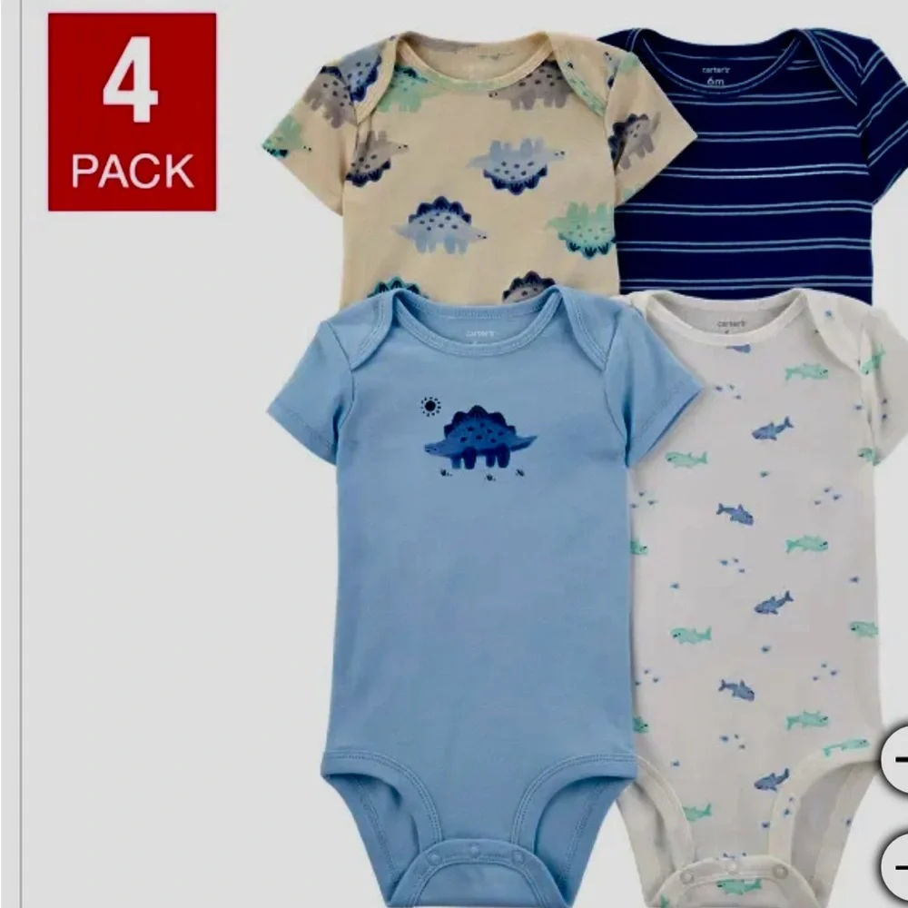 Carter's Baby 4-pack Blue Body Suit Dinosaur. Size 24M, 100% Cotton